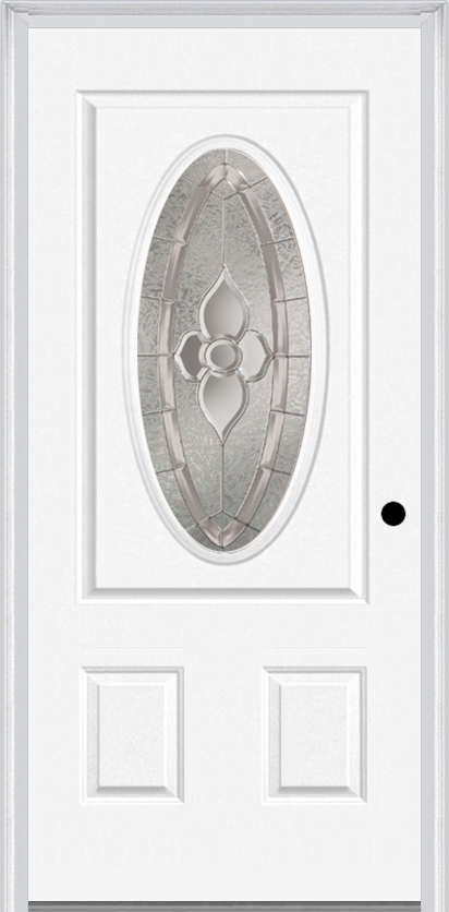 MMI Small Oval 2 Panel 6'8" Fiberglass Smooth Nouveau Nickel Or Nouveau Patina Decorative Glass Exterior Prehung Door 949