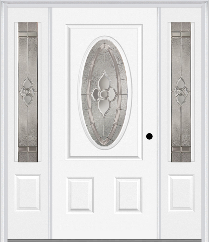 MMI SMALL OVAL 2 PANEL 6'8" FIBERGLASS SMOOTH NOUVEAU NICKEL OR NOUVEAU PATINA EXTERIOR PREHUNG DOOR WITH 2 NOUVEAU BRASS/NICKEL/PATINA 3/4 LITE DECORATIVE GLASS SIDELIGHTS 949