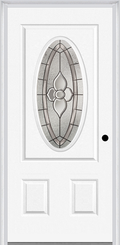 MMI Small Oval 2 Panel 6'8" Fiberglass Smooth Nouveau Nickel Or Nouveau Patina Decorative Glass Exterior Prehung Door 949