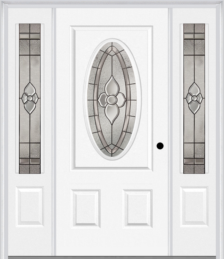MMI SMALL OVAL 2 PANEL 6'8" FIBERGLASS SMOOTH NOUVEAU NICKEL OR NOUVEAU PATINA EXTERIOR PREHUNG DOOR WITH 2 NOUVEAU BRASS/NICKEL/PATINA 3/4 LITE DECORATIVE GLASS SIDELIGHTS 949