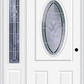 MMI SMALL OVAL 2 PANEL 3'0" X 6'8" FIBERGLASS SMOOTH RADIANT HUES NICKEL EXTERIOR PREHUNG DOOR WITH 1 RADIANT HUES NICKEL 3/4 LITE DECORATIVE GLASS SIDELIGHT 949