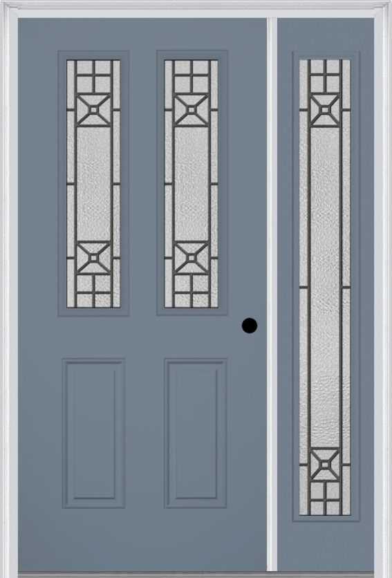 MMI 2-1/2 Lite 2 Panel 6'8" Fiberglass Smooth Courtyard Nickel Vein Wrought Iron Exterior Prehung Door With 1 Full Lite Courtyard Nickel Vein Wrought Iron Decorative Glass Sidelight 692
