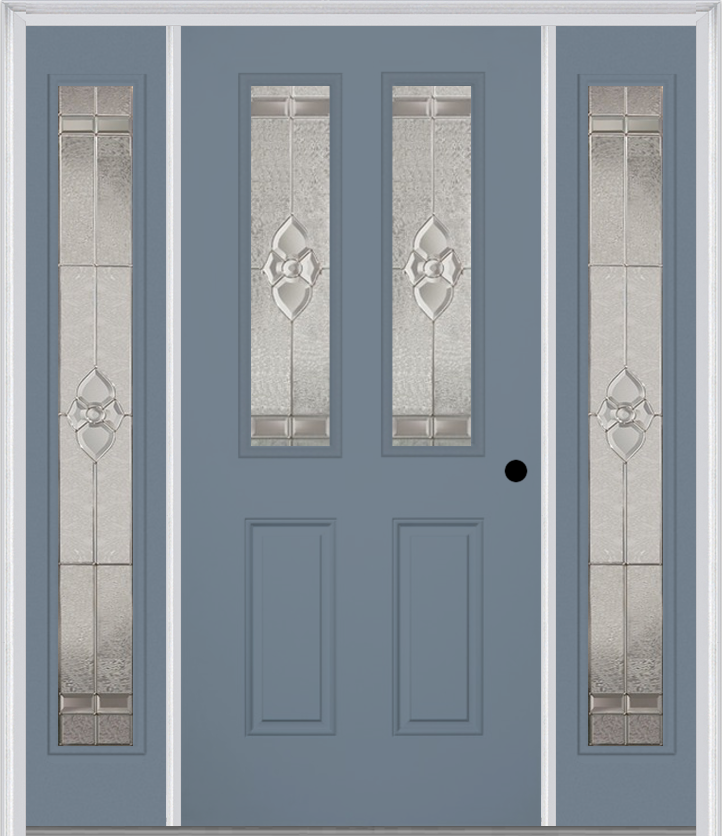 MMI 2-1/2 Lite 2 Panel 6'8" Fiberglass Smooth Nouveau Nickel Or Nouveau Patina Exterior Prehung Door With 2 Full Lite Nouveau Brass/Nickel/Patina Decorative Glass Sidelights 692