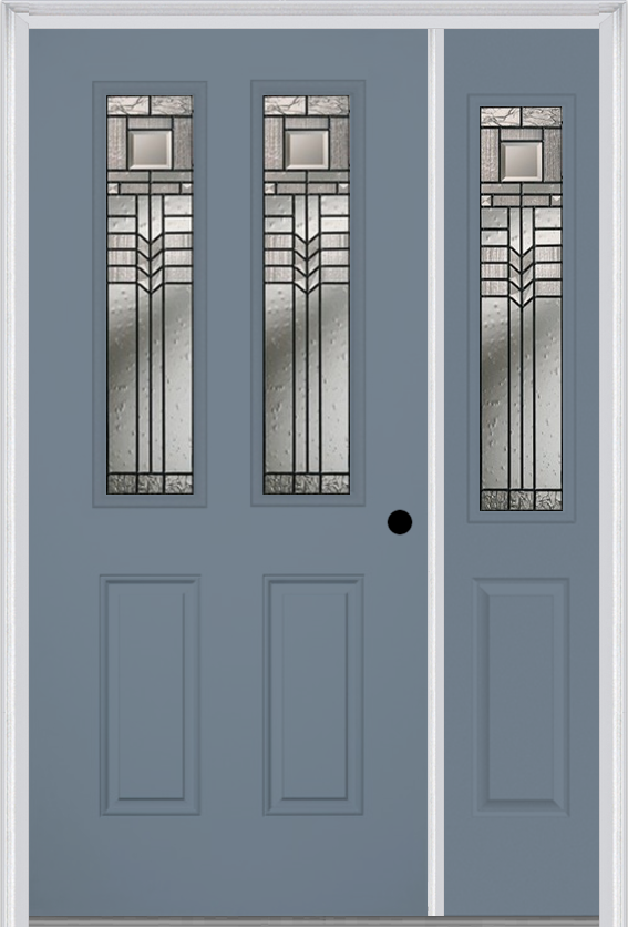 MMI 2-1/2 Lite 2 Panel 6'8" Fiberglass Smooth Oak Park Patina Exterior Prehung Door With 1 Half Lite Oak Park Patina Decorative Glass Sidelight 692