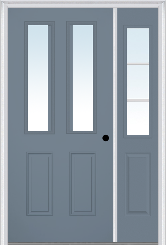 MMI 2-1/2 Lite 2 Panel 3'0" X 6'8" Fiberglass Smooth Exterior Prehung Door With 1 Half Lite SDL Grilles Glass Sidelight 62