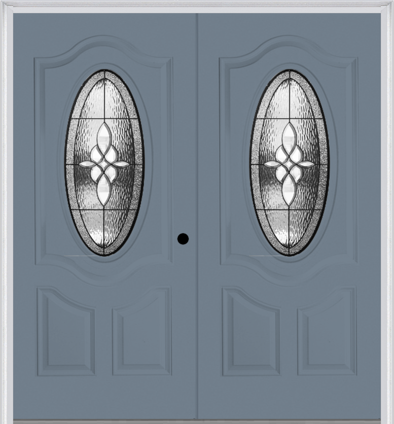 MMI Twin/Double Small Oval 2 Panel Deluxe 6'8" Fiberglass Smooth Lumiere Patina Decorative Glass Exterior Prehung Door 749