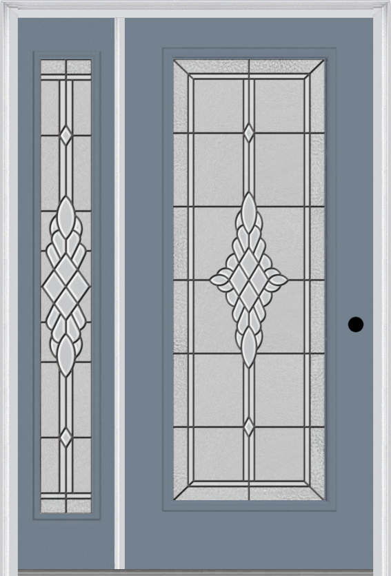 MMI Full Lite 3'0" X 6'8" Fiberglass Smooth Grace Nickel Or Grace Patina Exterior Prehung Door With 1 Full Lite Grace Nickel/Patina Decorative Glass Sidelight 686