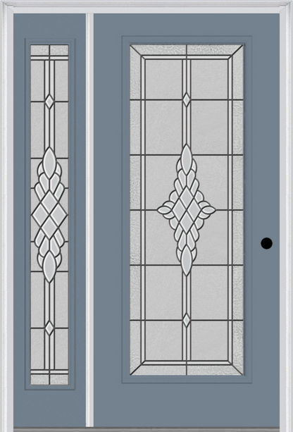 MMI Full Lite 3'0" X 6'8" Fiberglass Smooth Grace Nickel Or Grace Patina Exterior Prehung Door With 1 Full Lite Grace Nickel/Patina Decorative Glass Sidelight 686