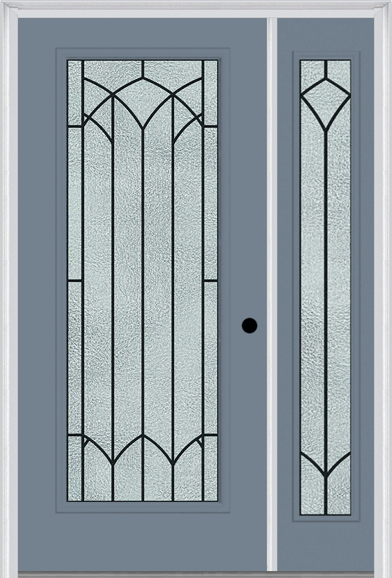 MMI Full Lite 6'8" Fiberglass Smooth Montclaire Wrought Iron Exterior Prehung Door With 1 Full Lite Montclaire Wrought Iron Decorative Glass Sidelight 686
