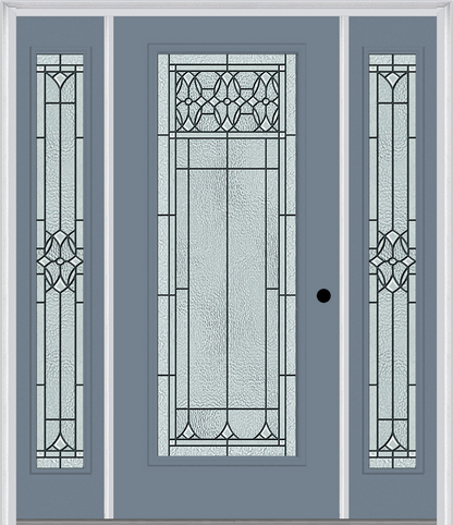 MMI Full Lite 6'8" Fiberglass Smooth Selwyn Patina Exterior Prehung Door With 2 Full Lite Selwyn Patina Decorative Glass Sidelights 686