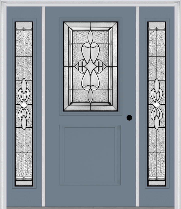 MMI 1/2 Lite 1 Panel 6'8" Fiberglass Smooth Jamestown Patina Exterior Prehung Door With 2 Full Lite Jamestown Patina Decorative Glass Sidelights 682