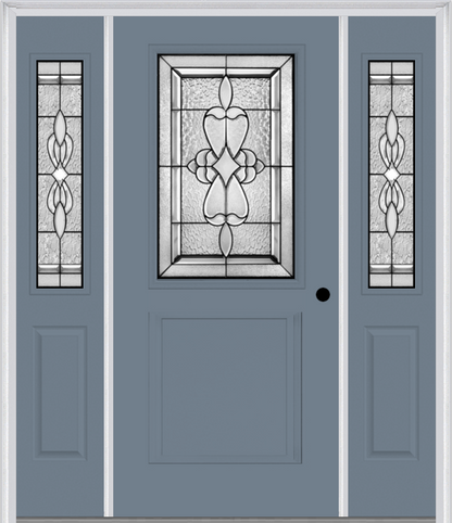 MMI 1/2 Lite 1 Panel 6'8" Fiberglass Smooth Jamestown Patina Exterior Prehung Door With 2 Half Lite Jamestown Patina Decorative Glass Sidelights 682