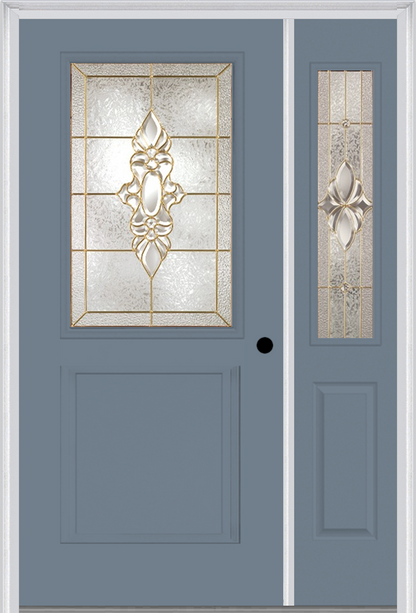 MMI 1/2 Lite 1 Panel 6'8" Fiberglass Smooth Heirlooms Brass Or Heirlooms Satin Nickel Exterior Prehung Door With 1 Half Lite Heirlooms Brass/Satin Nickel Decorative Glass Sidelight 682