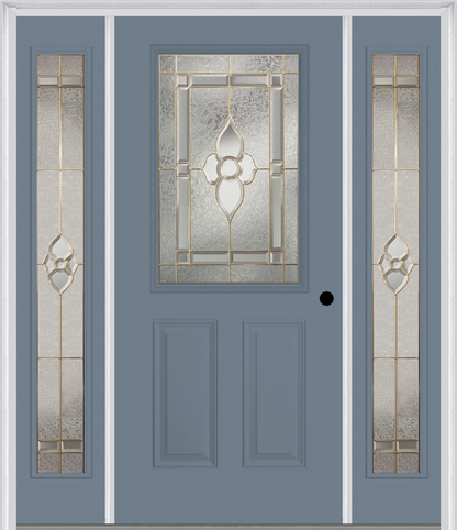 MMI 1/2 Lite 2 Panel 6'8" Fiberglass Smooth Nouveau Nickel, Or Nouveau Patina Exterior Prehung Door With 2 Full Lite Nouveau Brass/Nickel/Patina Decorative Glass Sidelights 684