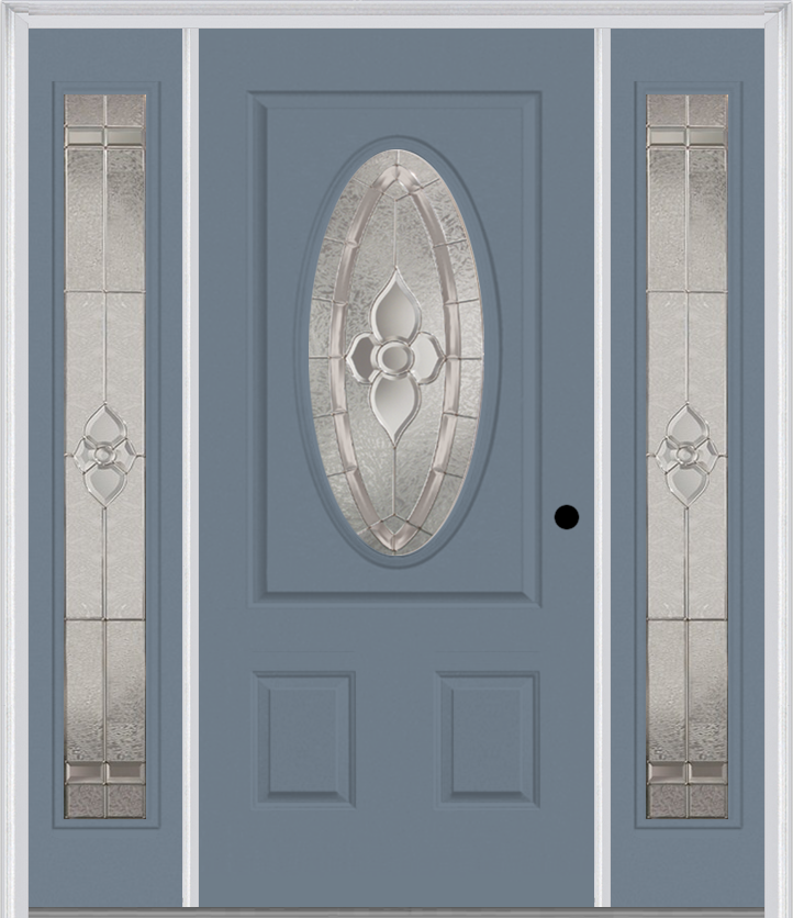 MMI SMALL OVAL 2 PANEL 6'8" FIBERGLASS SMOOTH NOUVEAU NICKEL OR NOUVEAU PATINA EXTERIOR PREHUNG DOOR WITH 2 FULL LITE NOUVEAU BRASS/NICKEL/PATINA DECORATIVE GLASS SIDELIGHTS 949