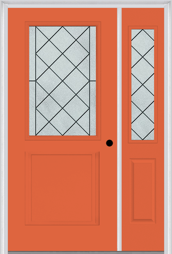 MMI 1/2 Lite 1 Panel 6'8" Fiberglass Smooth Harris Patina Exterior Prehung Door With 1 Half Lite Harris Patina Decorative Glass Sidelight 682
