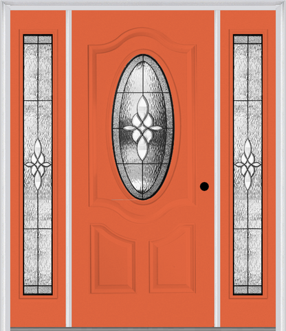 MMI SMALL OVAL 2 PANEL DELUXE 6'8" FIBERGLASS SMOOTH LUMIERE PATINA EXTERIOR PREHUNG DOOR WITH 2 FULL LITE LUMIERE PATINA DECORATIVE GLASS SIDELIGHTS 749