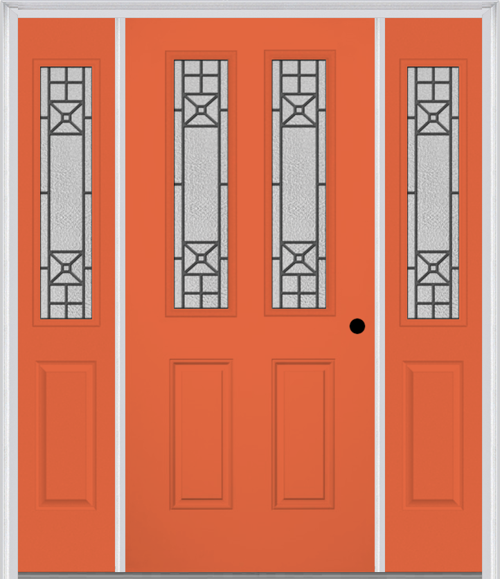 MMI 2-1/2 Lite 2 Panel 6'8" Fiberglass Smooth Courtyard Nickel Vein Wrought Iron Exterior Prehung Door With 2 Half Lite Courtyard Nickel Vein Wrought Iron Decorative Glass Sidelights 692