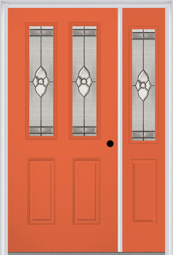 MMI 2-1/2 Lite 2 Panel 3'0" X 6'8" Fiberglass Smooth Nouveau Nickel Or Nouveau Patina Exterior Prehung Door With 1 Half Lite Nouveau Brass/Nickel/Patina Decorative Glass Sidelight 692