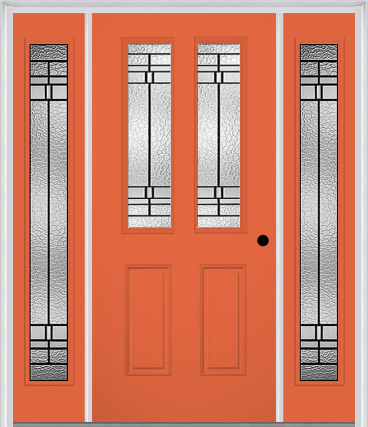 MMI 2-1/2 Lite 2 Panel 6'8" Fiberglass Smooth Pembrook Patina Exterior Prehung Door With 2 Full Lite Pembrook Patina Decorative Glass Sidelights 692