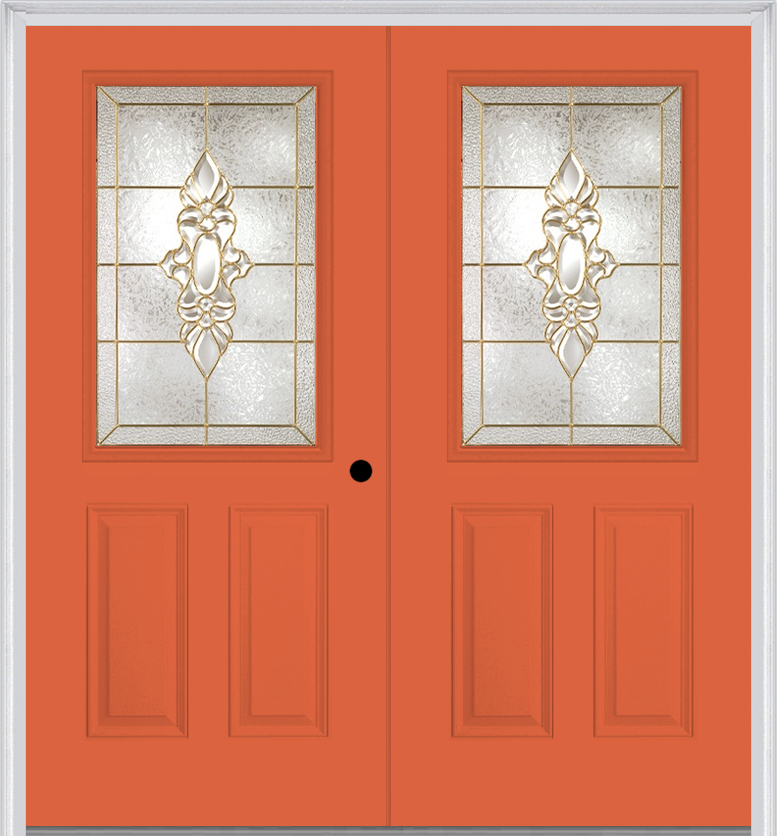 MMI TWIN/DOUBLE 1/2 LITE 2 PANEL 6'8" FIBERGLASS SMOOTH HEIRLOOMS BRASS OR HEIRLOOMS SATIN NICKEL DECORATIVE GLASS EXTERIOR PREHUNG DOOR 684