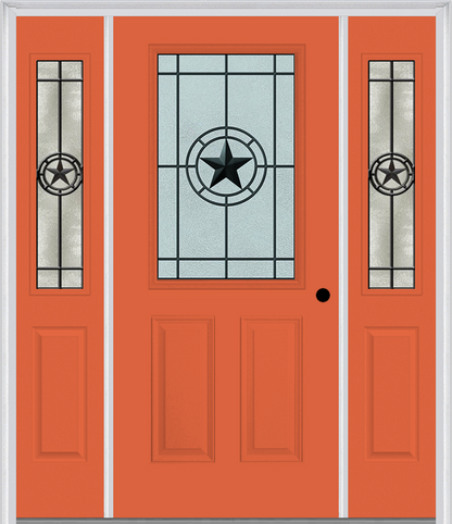 MMI 1/2 Lite 2 Panel 6'8" Fiberglass Smooth Elegant Star Wrought Iron Exterior Prehung Door With 2 Half Lite Elegant Star Wrought Iron Decorative Glass Sidelights 684