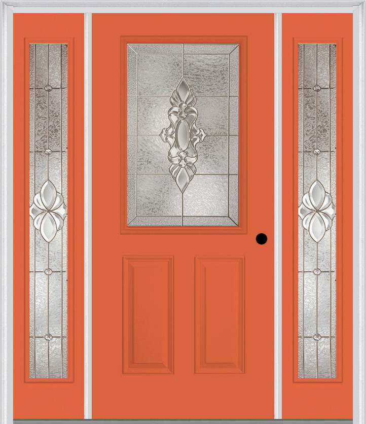 MMI 1/2 Lite 2 Panel 6'8" Fiberglass Smooth Heirlooms Brass Or Heirlooms Satin Nickel Exterior Prehung Door With 2 Full Lite Heirlooms Brass/Satin Nickel Decorative Glass Sidelights 684