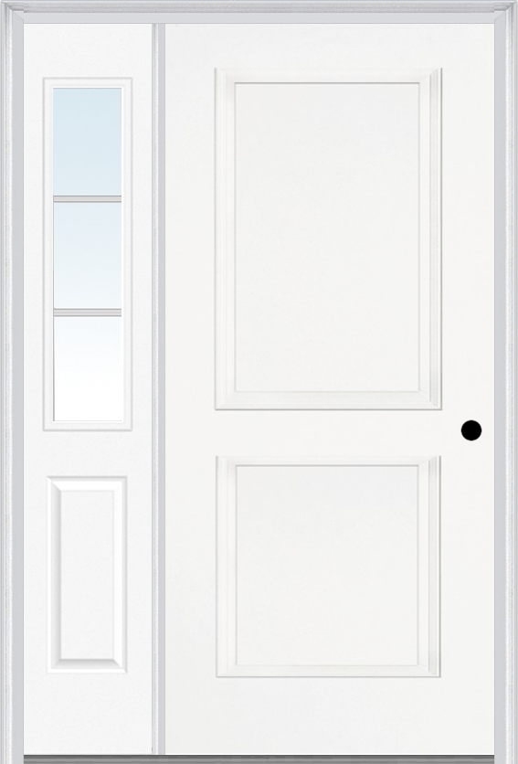 MMI TRUE 2 PANEL 3'0" X 6'8" FIBERGLASS SMOOTH EXTERIOR PREHUNG DOOR WITH 1 HALF LITE SDL GRILLES GLASS SIDELIGHT 20