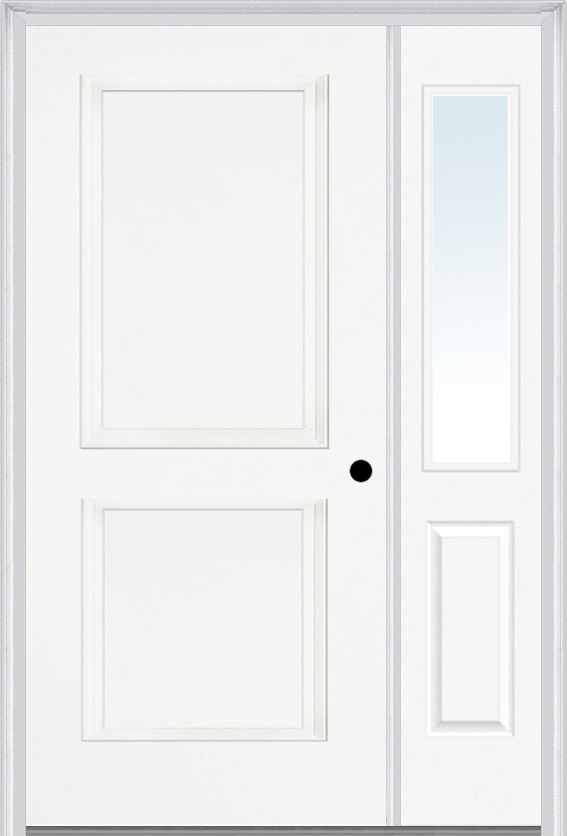MMI TRUE 2 PANEL 3'0" X 6'8" FIBERGLASS SMOOTH EXTERIOR PREHUNG DOOR WITH 1 HALF LITE CLEAR OR PRIVACY/TEXTURED GLASS SIDELIGHT 20