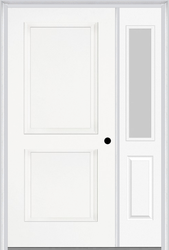 MMI TRUE 2 PANEL 3'0" X 6'8" FIBERGLASS SMOOTH EXTERIOR PREHUNG DOOR WITH 1 HALF LITE CLEAR OR PRIVACY/TEXTURED GLASS SIDELIGHT 20