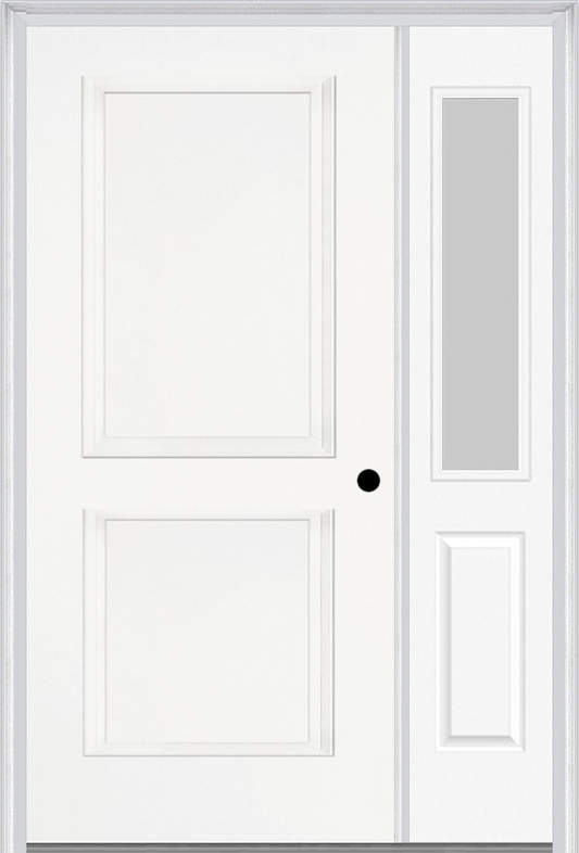 MMI TRUE 2 PANEL 3'0" X 6'8" FIBERGLASS SMOOTH EXTERIOR PREHUNG DOOR WITH 1 HALF LITE CLEAR OR PRIVACY/TEXTURED GLASS SIDELIGHT 20