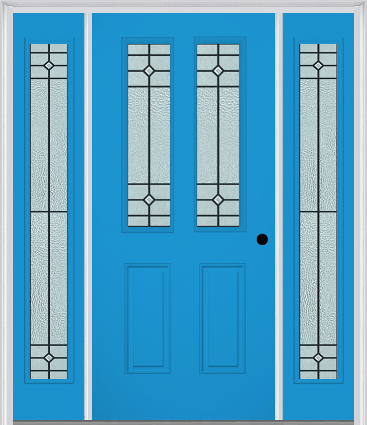 MMI 2-1/2 Lite 2 Panel 6'8" Fiberglass Smooth Beaufort Patina Exterior Prehung Door With 2 Full Lite Beaufort Patina Decorative Glass Sidelights 692