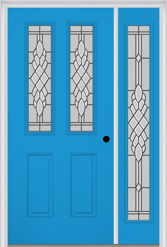 MMI 2-1/2 Lite 2 Panel 3'0" X 6'8" Fiberglass Smooth Grace Nickel Or Grace Patina Exterior Prehung Door With 1 Full Lite Grace Nickel/Patina Decorative Glass Sidelight 692