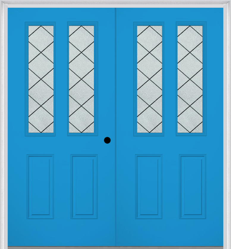 MMI TWIN/DOUBLE 2-1/2 LITE 2 PANEL 6'8" FIBERGLASS SMOOTH HARRIS PATINA DECORATIVE GLASS EXTERIOR PREHUNG DOOR 692