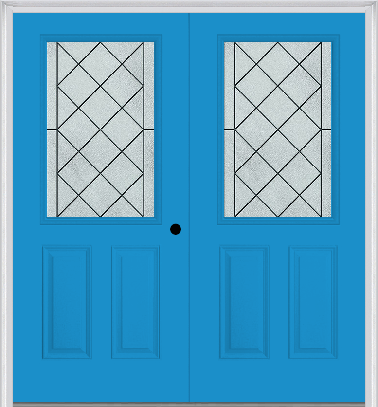 MMI TWIN/DOUBLE 1/2 LITE 2 PANEL 6'8" FIBERGLASS SMOOTH HARRIS PATINA DECORATIVE GLASS EXTERIOR PREHUNG DOOR 684