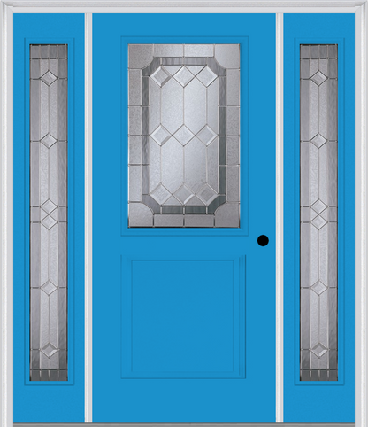 MMI 1/2 Lite 1 Panel 6'8" Fiberglass Smooth Majestic Nickel Exterior Prehung Door With 2 Full Lite Majestic Brass/Nickel Decorative Glass Sidelights 682