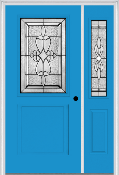 MMI 1/2 Lite 1 Panel 6'8" Fiberglass Smooth Jamestown Patina Exterior Prehung Door With 1 Half Lite Jamestown Patina Decorative Glass Sidelight 682