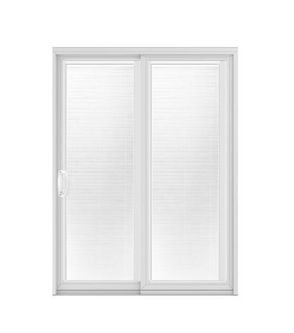ANDERSEN PS510 200 SERIES PERMASHIELD 70-1/2" X 79-1/2" SLIDING/GLIDING WITH WHITE BLINDS DUAL PANE LOW-E TEMPERED ARGON FILL STAINLESS GLASS 2 PANEL WHITE PATIO DOOR SCREEN/ASSEMBLED OPTION