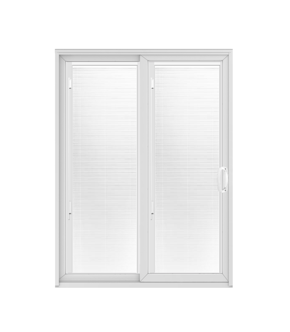 ANDERSEN PS5 200 Series Permashield 59-1/4" X 79-1/2" Sliding/Gliding With White Blinds Dual Pane Low-E Tempered Argon Fill Stainless Glass 2 Panel White Patio Door Screen/Assembled Option
