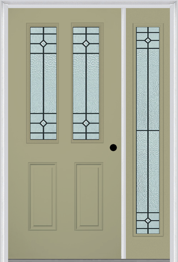 MMI 2-1/2 Lite 2 Panel 6'8" Fiberglass Smooth Beaufort Patina Exterior Prehung Door With 1 Full Lite Beaufort Patina Decorative Glass Sidelight 692