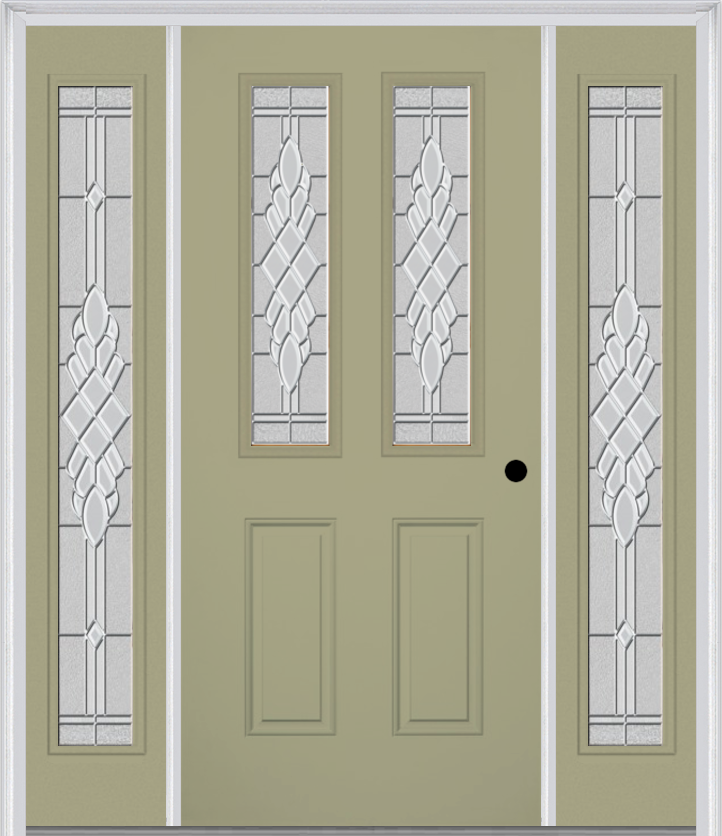 MMI 2-1/2 Lite 2 Panel 6'8" Fiberglass Smooth Grace Nickel Or Grace Patina Exterior Prehung Door With 2 Full Lite Grace Nickel/Patina Decorative Glass Sidelights 692