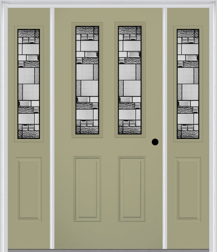 MMI 2-1/2 Lite 2 Panel 6'8" Fiberglass Smooth Metro Patina Exterior Prehung Door With 2 Half Lite Metro Patina Decorative Glass Sidelights 692