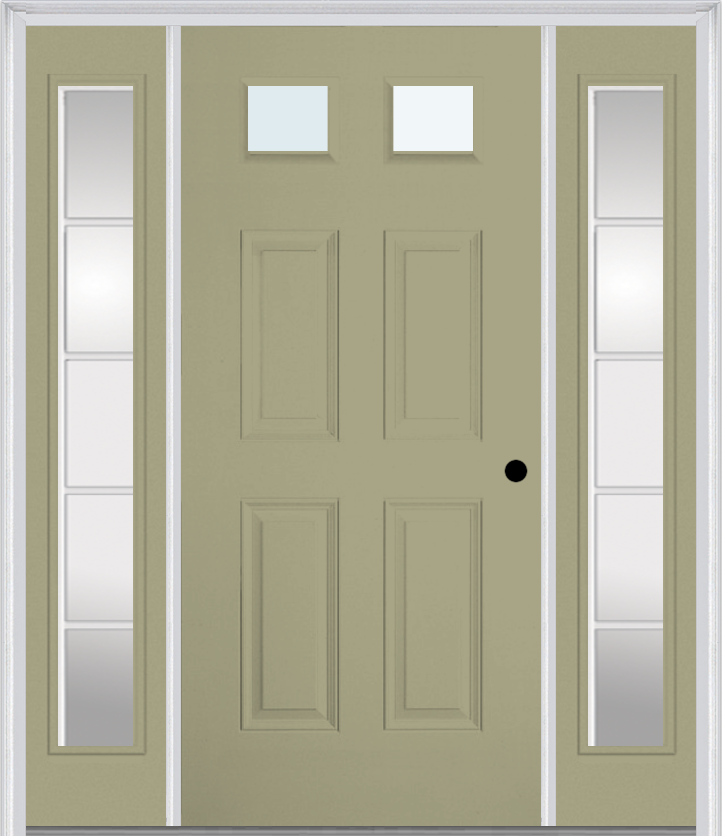 MMI 2-1/4 Lite 4 Panel 3'0" X 6'8" Fiberglass Smooth Exterior Prehung Door With 2 Full Lite SDL Grilles Glass Sidelights 23