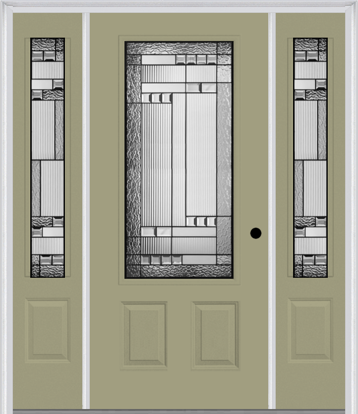 MMI 3/4 Lite 2 Panel 6'8" Fiberglass Smooth Metro Patina Exterior Prehung Door With 2 Metro Patina 3/4 Lite Decorative Glass Sidelights 607