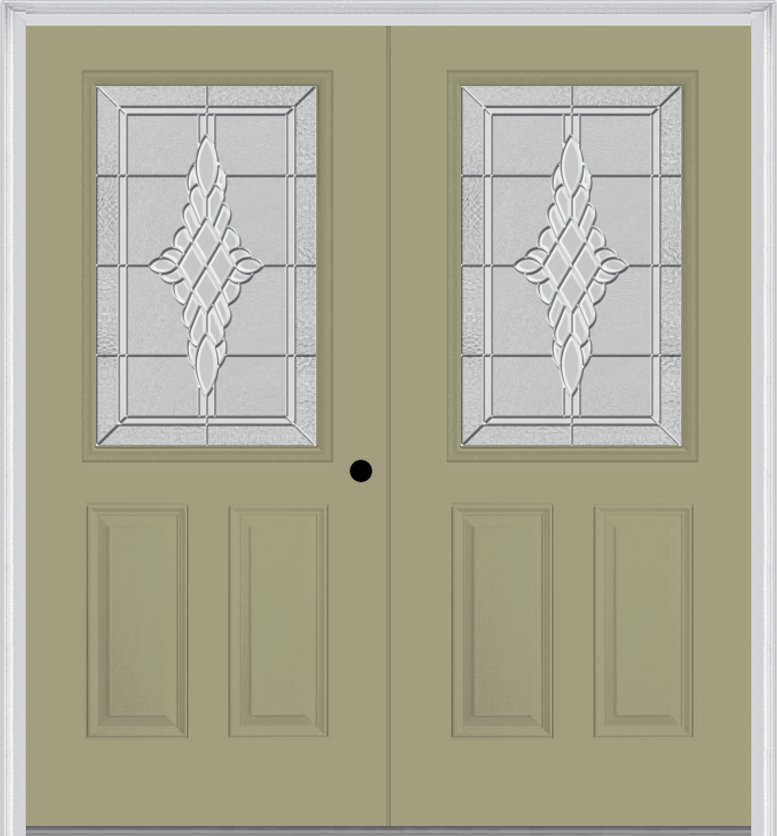 MMI TWIN/DOUBLE 1/2 LITE 2 PANEL 6'8" FIBERGLASS SMOOTH GRACE NICKEL OR GRACE PATINA DECORATIVE GLASS EXTERIOR PREHUNG DOOR 684
