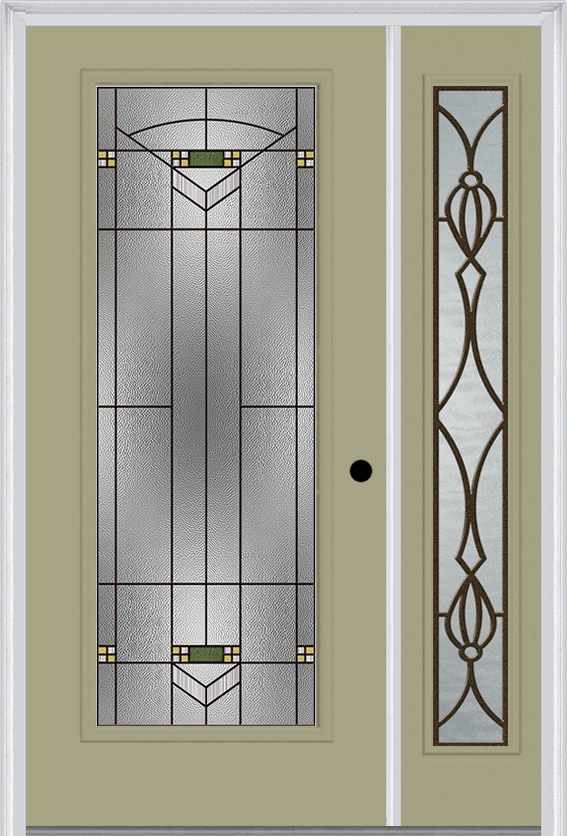 MMI Full Lite 6'8" Fiberglass Smooth Greenfield Oil Rubbed Bronze Exterior Prehung Door With 1 Full Lite Greenfield Oil Rubbed Bronze Decorative Glass Sidelight 686