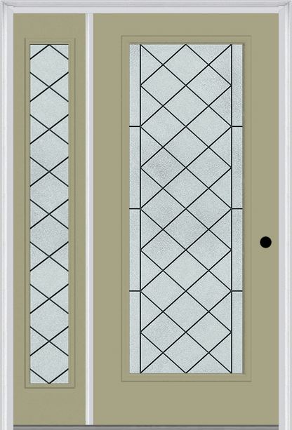 MMI Full Lite 6'8" Fiberglass Smooth Harris Patina Exterior Prehung Door With 1 Full Lite Harris Patina Decorative Glass Sidelight 686