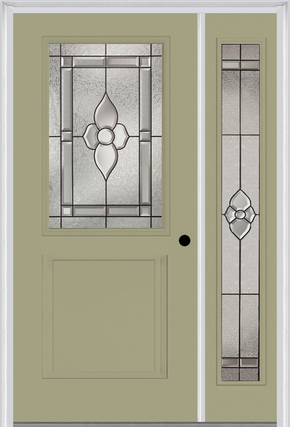 MMI 1/2 Lite 1 Panel 6'8" Fiberglass Smooth Nouveau Nickel Or Nouveau Patina Exterior Prehung Door With 1 Full Lite Nouveau Brass/Nickel/Patina Decorative Glass Sidelight 682