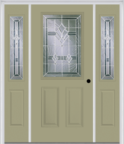 MMI 1/2 Lite 2 Panel 6'8" Fiberglass Smooth Radiant Hues Nickel Exterior Prehung Door With 2 Half Lite Radiant Hues Nickel Decorative Glass Sidelights 684
