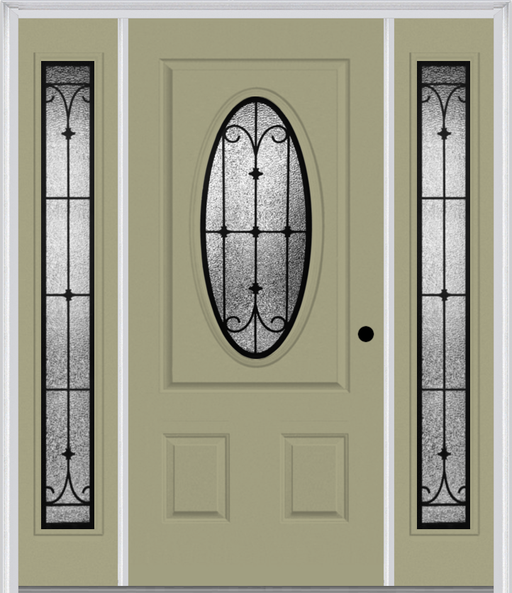 MMI SMALL OVAL 2 PANEL 6'8" FIBERGLASS SMOOTH CHATEAU WROUGHT IRON EXTERIOR PREHUNG DOOR WITH 2 FULL LITE CHATEAU WROUGHT IRON DECORATIVE GLASS SIDELIGHTS 949